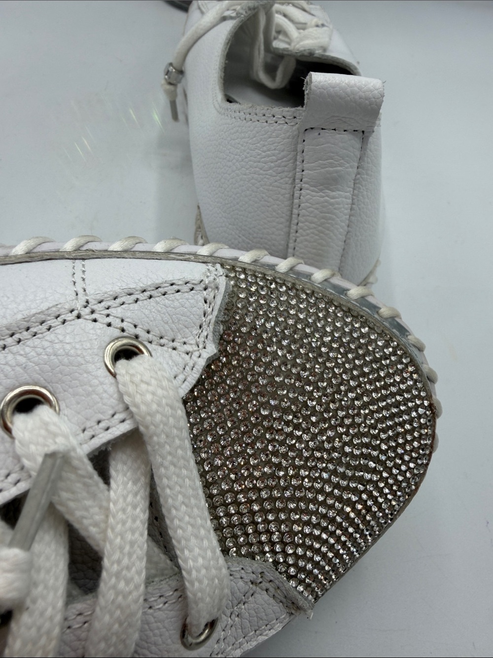 Women's White Crystal-Toe Leather Sneakers - Picture 9 of 12